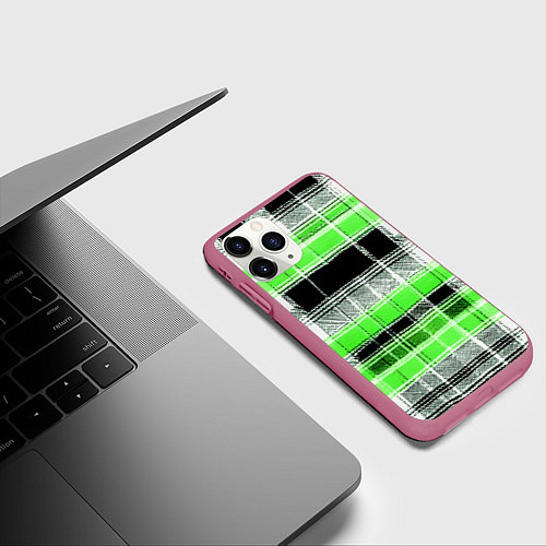 Чехол iPhone 11 Pro матовый Белые полосы на чёрно-зелёном фоне / 3D-Малиновый – фото 3