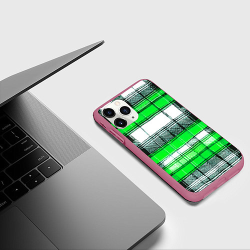 Чехол iPhone 11 Pro матовый Чёрные полосы на зелёном-белом фоне / 3D-Малиновый – фото 3