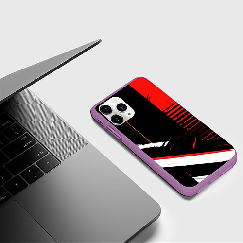 Чехол iPhone 11 Pro матовый Красно белые полосы на чёрном фоне / 3D-Фиолетовый – фото 3