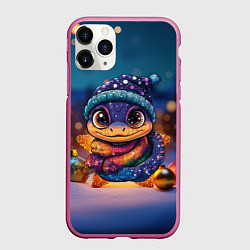 Чехол iPhone 11 Pro матовый Синяя новогодняя змейка, цвет: 3D-малиновый