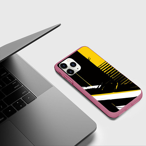 Чехол iPhone 11 Pro матовый Красно-жёлтые полосы на чёрном фоне / 3D-Малиновый – фото 3