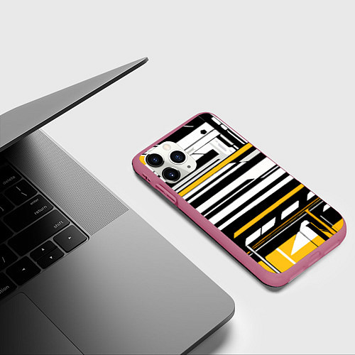 Чехол iPhone 11 Pro матовый Жёлто-белые технологические линии на чёрном фоне / 3D-Малиновый – фото 3