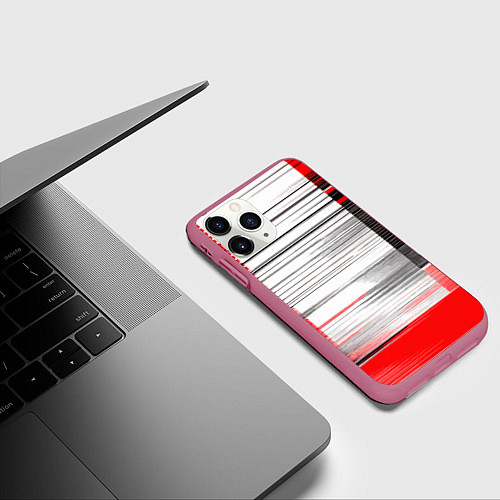 Чехол iPhone 11 Pro матовый Чёрные вертикальные полосы на красно-белом фоне / 3D-Малиновый – фото 3