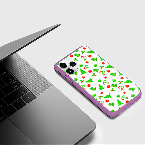 Чехол iPhone 11 Pro матовый Новогодний ёлочный паттерн / 3D-Фиолетовый – фото 3