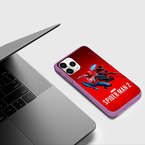 Чехол iPhone 11 Pro матовый Два паука Marvel spider man 2 / 3D-Фиолетовый – фото 3