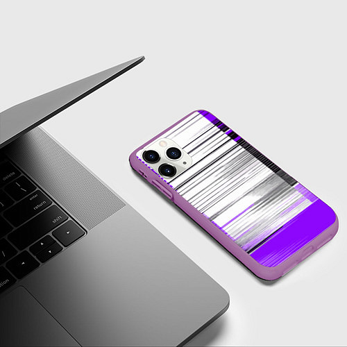 Чехол iPhone 11 Pro матовый Чёрные вертикальные полосы на фиолетово-белом фоне / 3D-Фиолетовый – фото 3