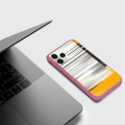 Чехол iPhone 11 Pro матовый Чёрные вертикальные полосы на жёлто-белом фоне / 3D-Малиновый – фото 3