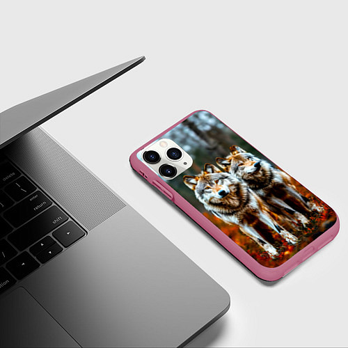 Чехол iPhone 11 Pro матовый Волки в осеннем лесу / 3D-Малиновый – фото 3