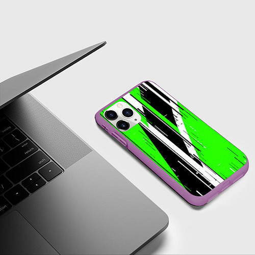 Чехол iPhone 11 Pro матовый Чёрно-белые вертикальные полосы на зелёном фоне / 3D-Фиолетовый – фото 3