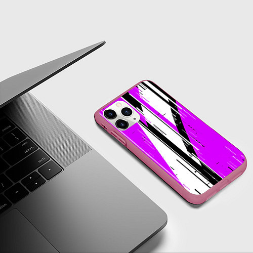 Чехол iPhone 11 Pro матовый Чёрно-белые вертикальные полосы на фиолетовом фоне / 3D-Малиновый – фото 3