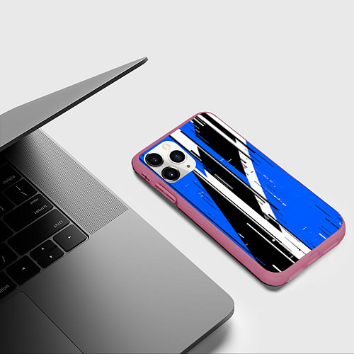 Чехол iPhone 11 Pro матовый Чёрно-белые вертикальные полосы на синем фоне / 3D-Малиновый – фото 3