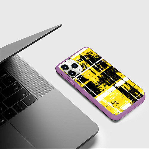 Чехол iPhone 11 Pro матовый Жёлто-белый гранж на чёрном фоне / 3D-Фиолетовый – фото 3