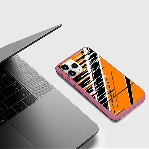 Чехол iPhone 11 Pro матовый Чёрно-белые глитч полосы на оранжевом фоне / 3D-Малиновый – фото 3