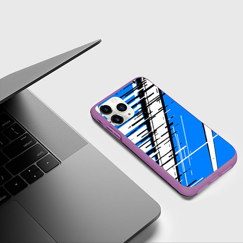 Чехол iPhone 11 Pro матовый Чёрно-белые глитч полосы на синем фоне / 3D-Фиолетовый – фото 3