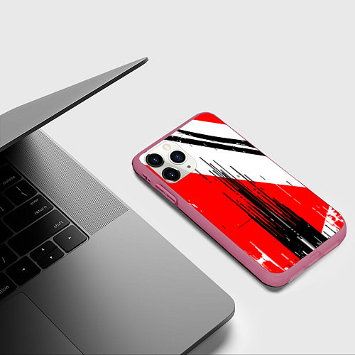 Чехол iPhone 11 Pro матовый Вертикальные чёрные линии на красно-белом фоне / 3D-Малиновый – фото 3