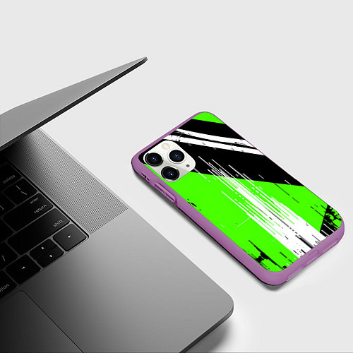 Чехол iPhone 11 Pro матовый Вертикальные чёрные линии на зелёно-белом фоне / 3D-Фиолетовый – фото 3