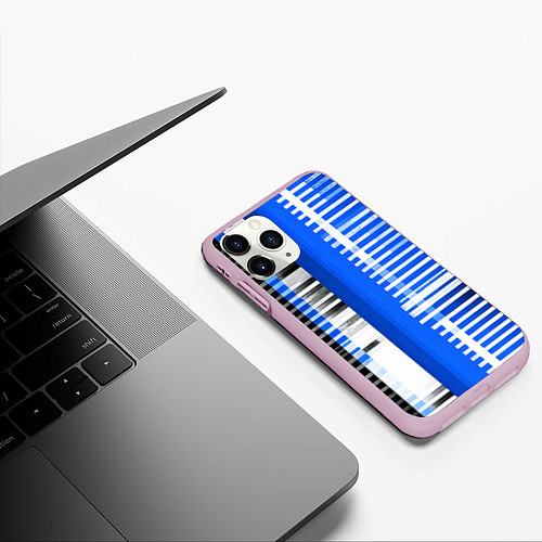 Чехол iPhone 11 Pro матовый White stripes on a black and blue background / 3D-Розовый – фото 3