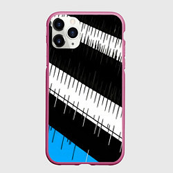 Чехол iPhone 11 Pro матовый Диагональные чёрно-белые полосы на синем фоне, цвет: 3D-малиновый