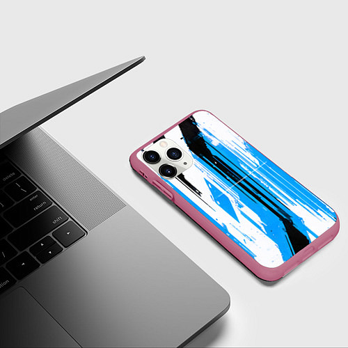 Чехол iPhone 11 Pro матовый Вертикальные чёрно-белые линии на синем фоне / 3D-Малиновый – фото 3