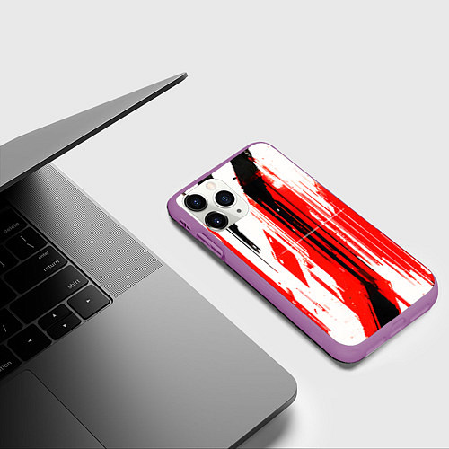 Чехол iPhone 11 Pro матовый Вертикальные чёрно-белые линии на красном фоне / 3D-Фиолетовый – фото 3