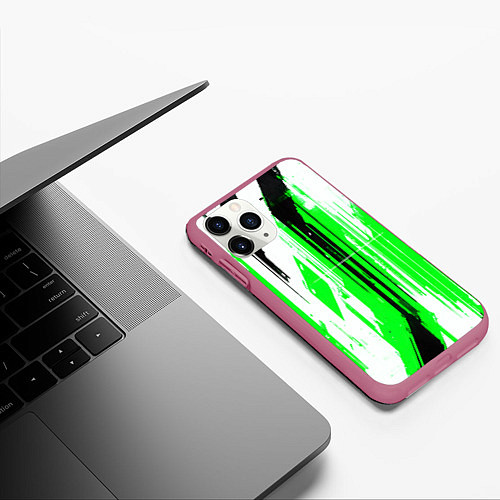 Чехол iPhone 11 Pro матовый Вертикальные чёрно-белые линии на зелёном фоне / 3D-Малиновый – фото 3