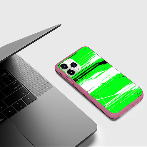 Чехол iPhone 11 Pro матовый Горизонтальные чёрно-белые линии на зелёном фоне / 3D-Малиновый – фото 3