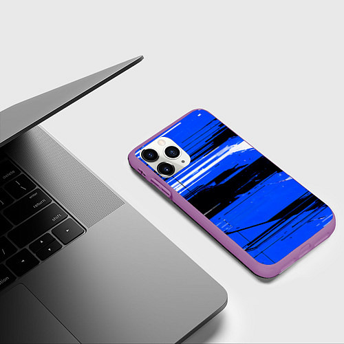 Чехол iPhone 11 Pro матовый Горизонтальные чёрно-белые линии на синем фоне / 3D-Фиолетовый – фото 3