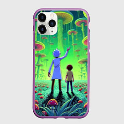 Чехол iPhone 11 Pro матовый Рик и Морти в лесу гигантских грибов - неоновое св, цвет: 3D-фиолетовый