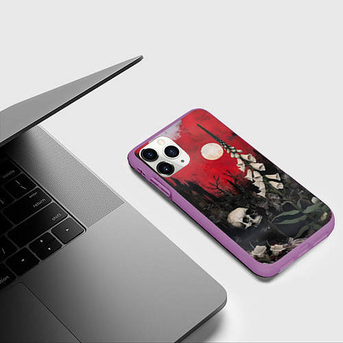 Чехол iPhone 11 Pro матовый Череп с цветами на фоне замка - нейросеть / 3D-Фиолетовый – фото 3