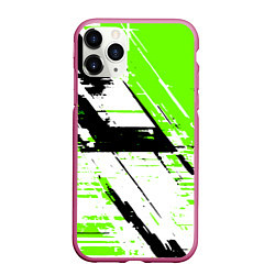 Чехол iPhone 11 Pro матовый Diagonal black and green stripes on a white backgr, цвет: 3D-малиновый