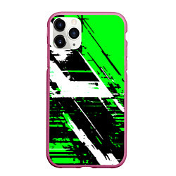 Чехол iPhone 11 Pro матовый Diagonal black and white stripes on a green backgr, цвет: 3D-малиновый