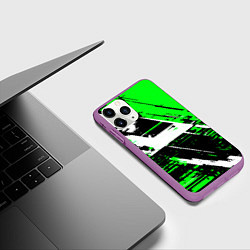 Чехол iPhone 11 Pro матовый Diagonal black and white stripes on a green backgr, цвет: 3D-фиолетовый — фото 2