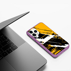 Чехол iPhone 11 Pro матовый Diagonal black and white stripes on a yellow backg, цвет: 3D-фиолетовый — фото 2