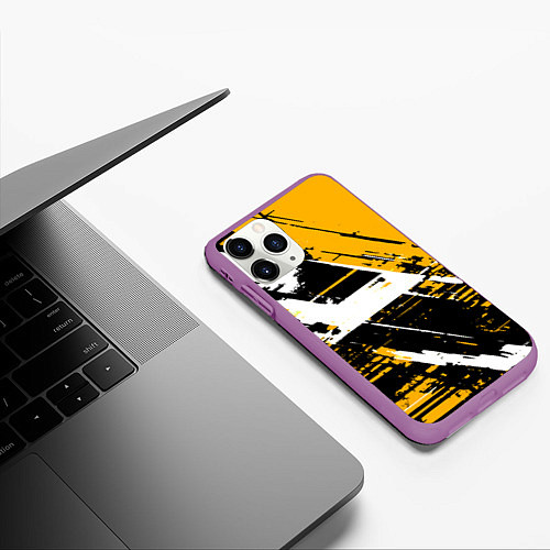 Чехол iPhone 11 Pro матовый Diagonal black and white stripes on a yellow backg / 3D-Фиолетовый – фото 3