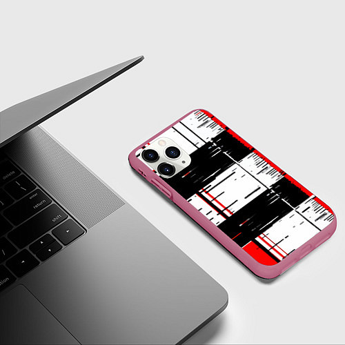 Чехол iPhone 11 Pro матовый Чёрные и красные полосы на белом фоне / 3D-Малиновый – фото 3