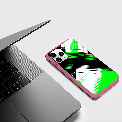 Чехол iPhone 11 Pro матовый Диагональные зелёно-чёрные линии на белом фоне / 3D-Малиновый – фото 3