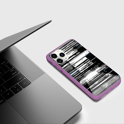Чехол iPhone 11 Pro матовый Горизонтальные чёрные линии на бело-синем фоне / 3D-Фиолетовый – фото 3