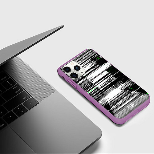 Чехол iPhone 11 Pro матовый Горизонтальные чёрные линии на бело-зелёном фоне / 3D-Фиолетовый – фото 3