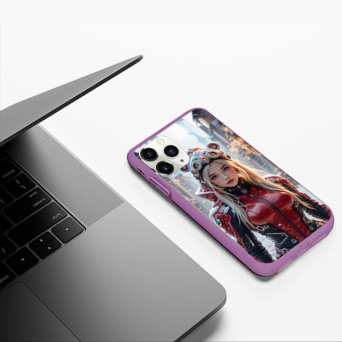 Чехол iPhone 11 Pro матовый Девушка в кибер костюме / 3D-Фиолетовый – фото 3