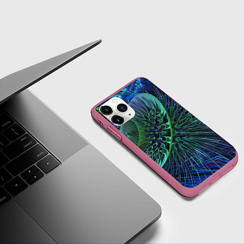 Чехол iPhone 11 Pro матовый Фрактальный узор шипы / 3D-Малиновый – фото 3