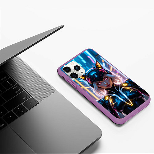 Чехол iPhone 11 Pro матовый Девушка кошка неон / 3D-Фиолетовый – фото 3