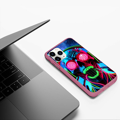 Чехол iPhone 11 Pro матовый Metallica - neon skull with headphones / 3D-Малиновый – фото 3