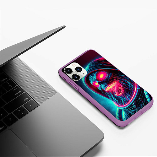 Чехол iPhone 11 Pro матовый Скелет погибшего космонавта - неоновое свечение / 3D-Фиолетовый – фото 3