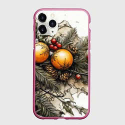 Чехол iPhone 11 Pro матовый Желтые новогодние шары и шишки, цвет: 3D-малиновый