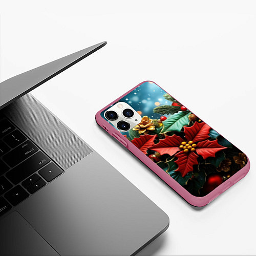 Чехол iPhone 11 Pro матовый Новогодние цветы и шишки / 3D-Малиновый – фото 3