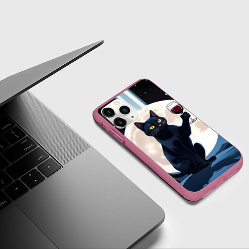 Чехол iPhone 11 Pro матовый Черный кот с вином / 3D-Малиновый – фото 3