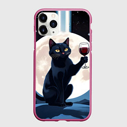 Чехол iPhone 11 Pro матовый Черный кот с вином, цвет: 3D-малиновый