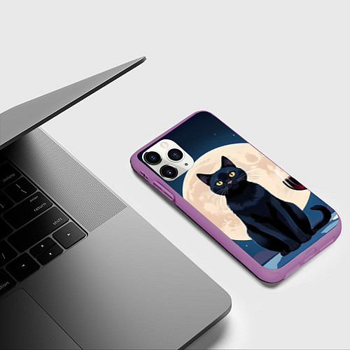 Чехол iPhone 11 Pro матовый Кот с вином под луной / 3D-Фиолетовый – фото 3