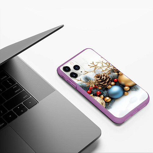 Чехол iPhone 11 Pro матовый Шарики новогодние и шишки / 3D-Фиолетовый – фото 3