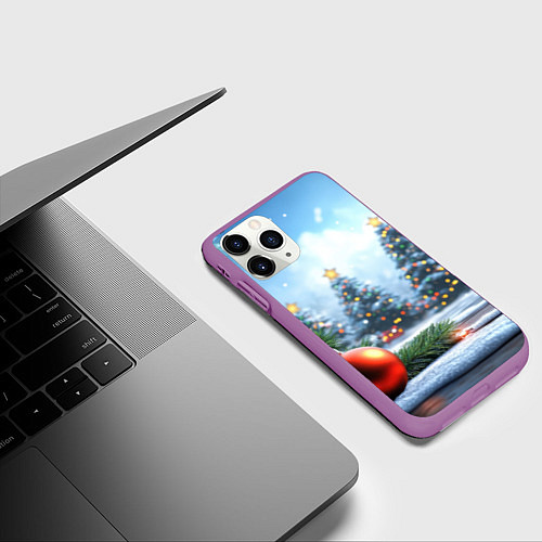 Чехол iPhone 11 Pro матовый Новогодние елки и шар / 3D-Фиолетовый – фото 3